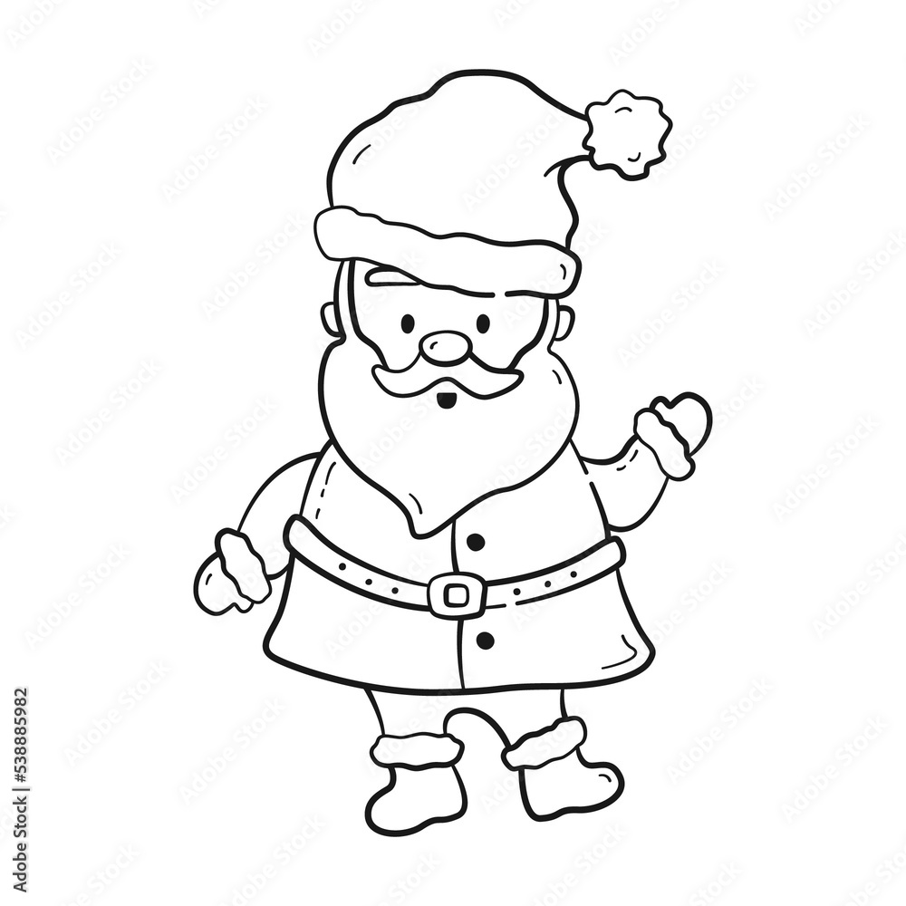Cute Santa Claus in doodle style. Christmas character in black linear drawing style. Png on transparent background