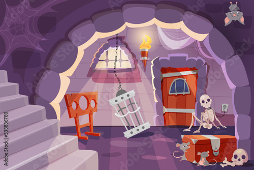 Vector cartoon of castle dungeon with medieval prison cell for prisoners. Interior ancient room with skeleton, pillory, iron shackles on stone walls,, cage and wooden chest and door.