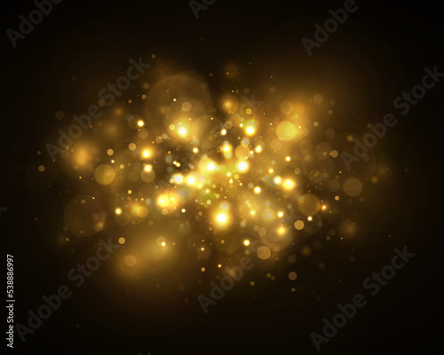 Sparkle bokeh background. Bright light particles twinkle on black background. Glitter light effect.