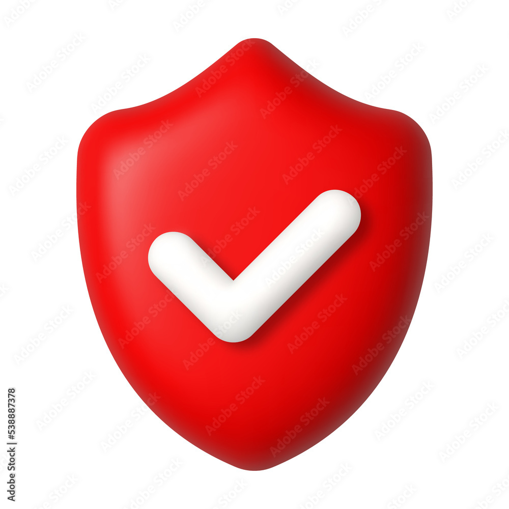 White check mark on red shield 3d icon. Security and protection concept. 3d realistic vector design element. White check mark on red shield 3d icon. Security and protection concept. 3d realistic vector design element.