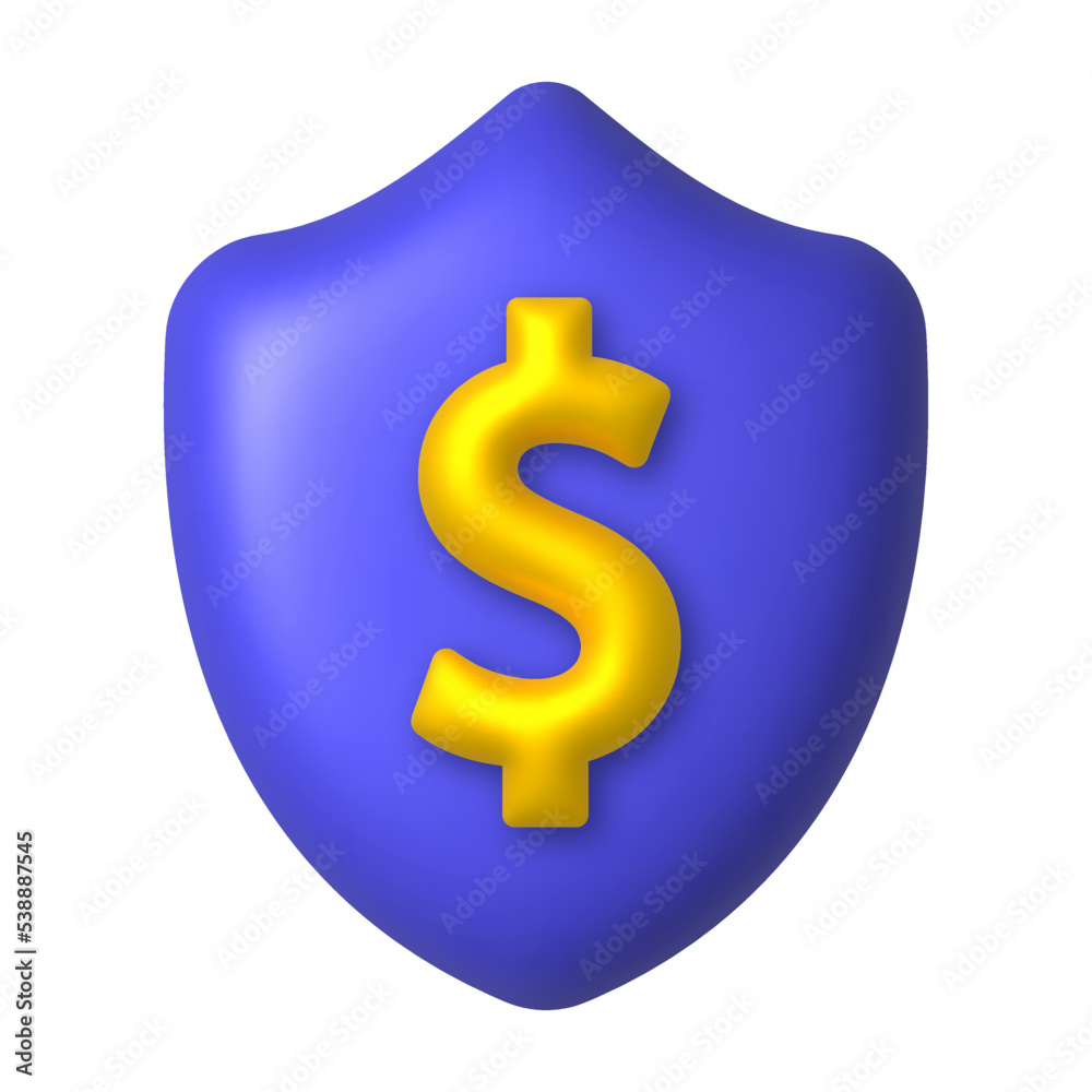 Golden dollar on a purple shield. Finance protection concept. 3d realistic vector design element. Golden dollar on a purple shield. Finance protection concept. 3d realistic vector design element.