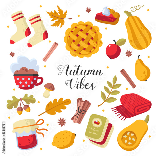 Autumn elements set. Yellow leaves, socks, pumpkin, knitted scarf, apple pie, hot cacao, cinnamon