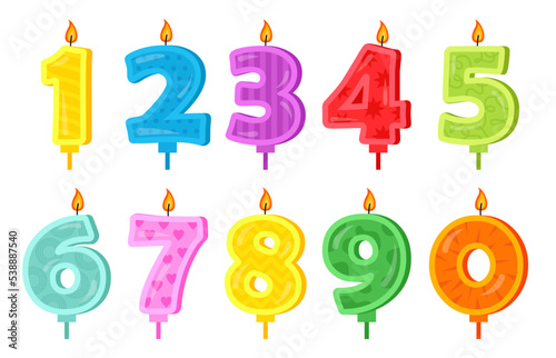 Birthday candle all numbers shape. Burning colorful candles with different festive patterns