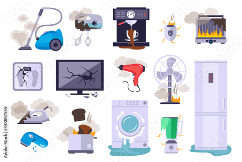Broken home appliances and gadgets set. Tv, fridge, vacuum cleaner, washing machine, cooker