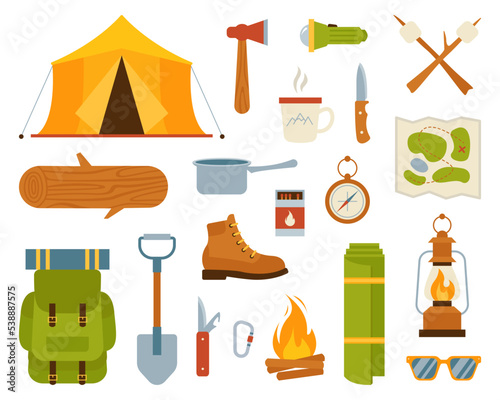Camping and hiking icons set. Cartoon equipment isolated. Lantern, shoes, tent, campfire, backpack