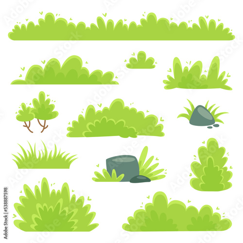 Set of green grass and bushes with leaves isolated. Cartoon floral elements for ground cover