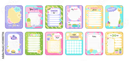 Cute daily planner cartoon set. Notepad for kid day plan, to do list, calendar and reminder template