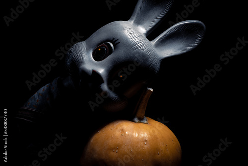 The creepy bunny with red glowing eyes put its head on a pumpkin. Gray rabbit doll and orange pumpkin for Halloween