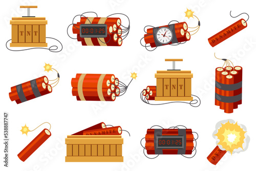 Dynamite set. Firecrackers bundles with wick, bombs with detonators, clockwork mechanisms