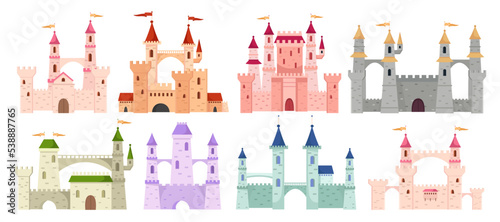 Medieval castle towers set. Fairytail mansion exterior, king fortress castles and fortified palace