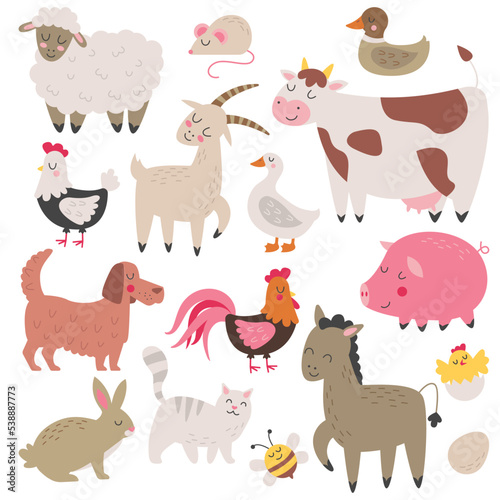 Farm animals set. Cartoon animals collection: sheep, goat, cow, donkey, pig, cat, dog, duck, goose
