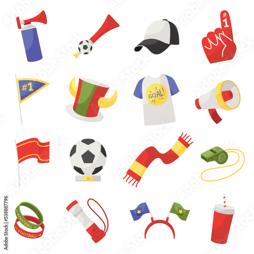 Football attributes set. Sneakers ball and cup. Scarves, finger, cap, t-shirt and horn for fans