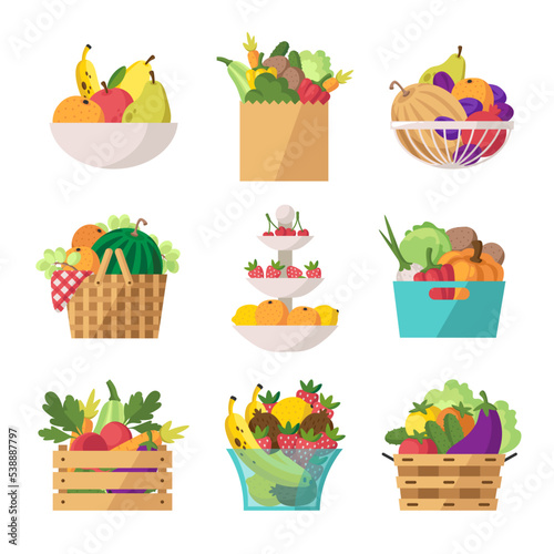 Fruit basket set. Vegetables and fruits different kind of storage. Fruit plate and food container