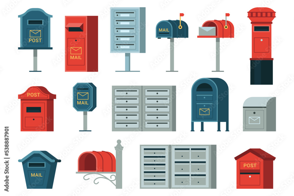 Retro mailbox or vintage post box. Letter boxes for communication, mailing. Correspondence service