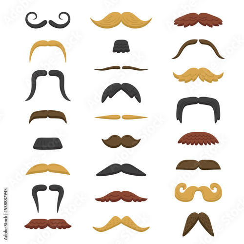 Set of mustaches types for blond, brunette red. Barber patches collection. Silhouette hipster icon