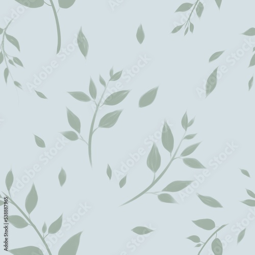 A simple pattern with leaves and branches in green tones. Repeating pattern with moldings with pencil texture in sketch style. Suitable for printing on fabric and paper.
