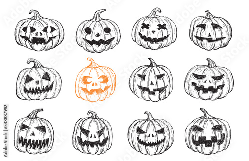 Halloween pumpkin set. Hand drawn illustration. 