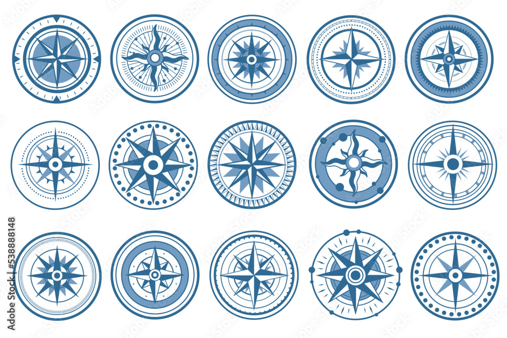 Sea wind rose set. Blue ink cartography with orientation world nautical. Vintage star for topography Sea wind rose set. Blue ink cartography with orientation world nautical. Vintage star for topography