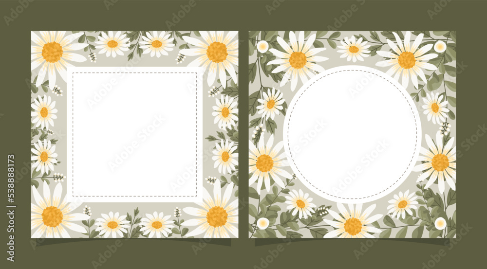 Fototapeta premium Square size of floral greeting card and invitation template for wedding or birthday anniversary, Vector shape of text box label and frame, White daisy flowers wreath ivy style with branch and leaves.