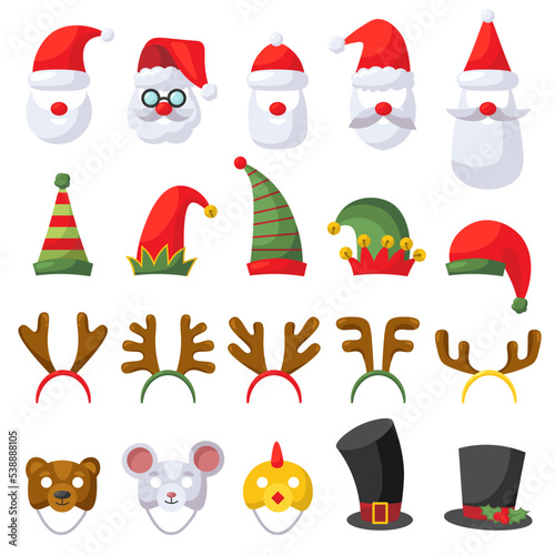 Christmas holiday hats. Santa claus red cute cap, snow reindeer and elves fur hat, animal masks