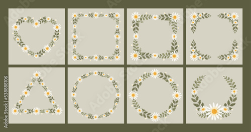 Vector shape of white daisy flowers frame, Floral border box label of wreath ivy style with branch and leaves.