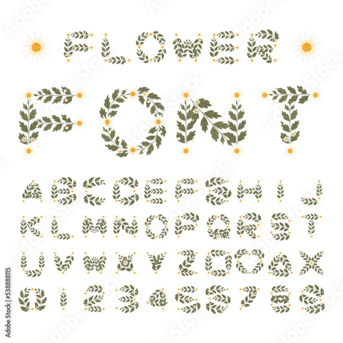 Isolated white daisy flower font alphabet character with number and symbol, Vector floral wreath ivy style with branch and leaves.
