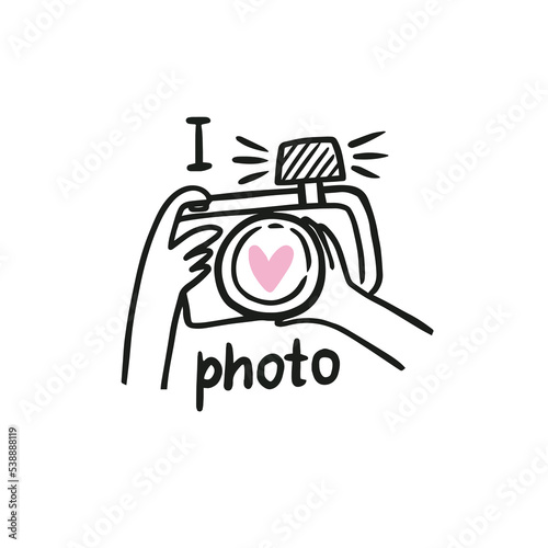 Cute vector card with photo camera and lettering - I love photo. Human hands holds a camera and photographs. Hand drawn illustration.