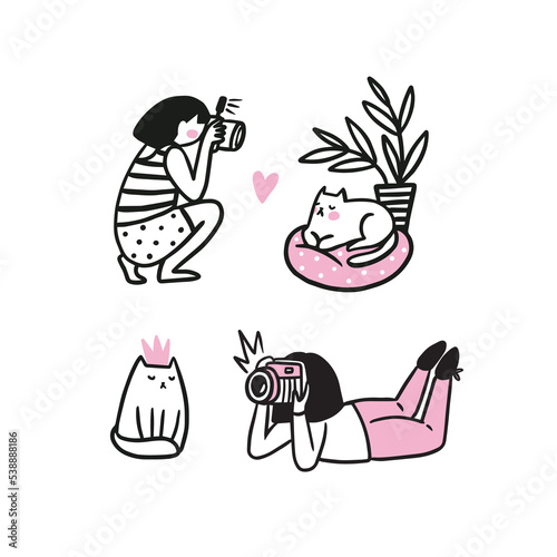 Young woman takes pictures of cute cat. Photographers and model. Photo shoot in a photo studio. Vector funny illustration in hand-drawn style.