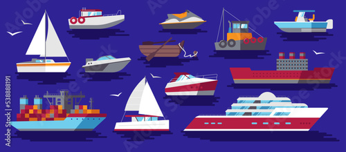 Set of ship and boat on blue background. Yacht, scooter, boat, cargo ship, steamship, ferry, tug