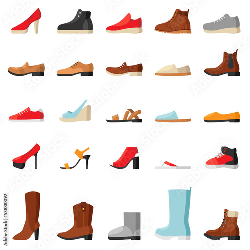 Female footwear set. Woman sneakers, shoes, trainers, slippers, boots, high heel, sandals