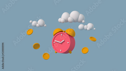 Clock and coins 3D render i...