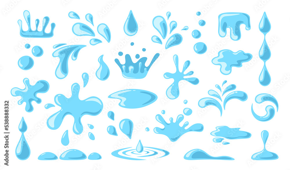 Water drops. Set of current drops, waves, tears, spray nature splashes. Dripping liquid. Water spill Water drops. Set of current drops, waves, tears, spray nature splashes. Dripping liquid. Water spill