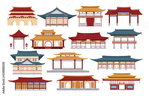 Chinese traditional buildings. Asian traditional buildings, pagoda gate, temple and palace heritage