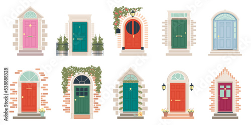 Retro doors. Front doorway exterior with brick wall. House or office red green entrance with glass photo