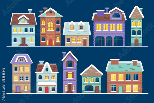 Winter city houses, night vintage town street with snowy buildings room and light inside glowing