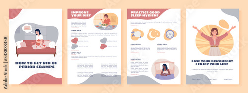 Period cramps relief flat vector brochure template. Booklet, leaflet printable flat color designs. Editable magazine page, reports kit with text space. Sigmar One, Balsamiq Sans, Comfortaa fonts used