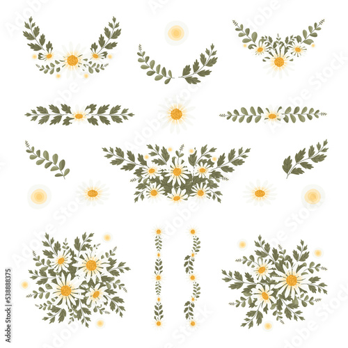 Isolated white daisy flowers wreath with branch and leaves. Vector bouquet and decorative object. Blooming floral material for graphic design.