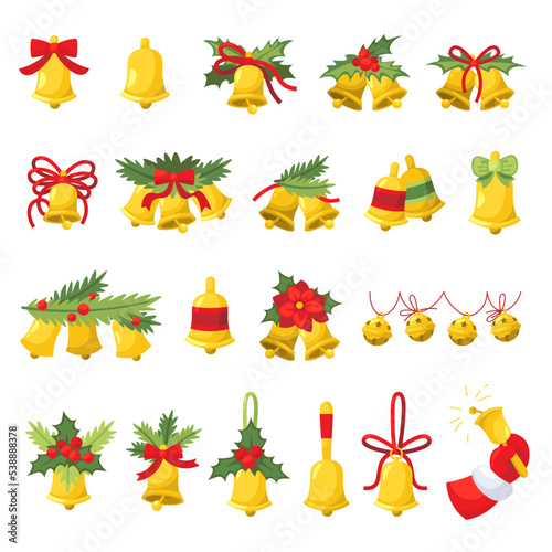 Christmas bells set. New year cartoon decoration bows and holly. Holiday golden decor collection