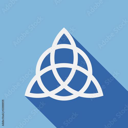 Triquetra icon. Celtic knot sign isolated on blue background. White icon trefoil with long shadow. Scandinavian protective amulet. Banner with nordic tattoos. Vector illustration