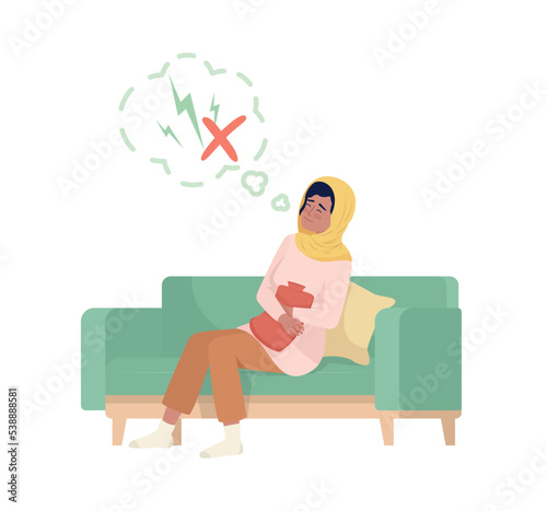 Woman coping with menstrual pain semi flat color vector character. Editable figure. Full body person on white. PMS simple cartoon style illustration for web graphic design and animation