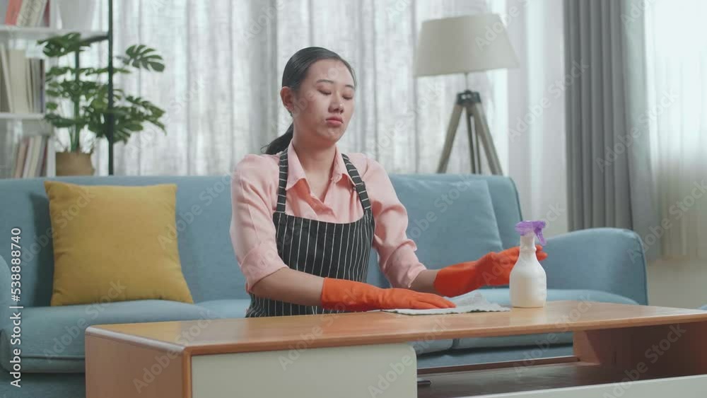 Asian Female Housekeeper With An Apron Having A Backache While Cleaning The Table By The Spray At Home
Asian Female Housekeeper With An Apron Having A Backache While Cleaning The Table By The Spray At Home