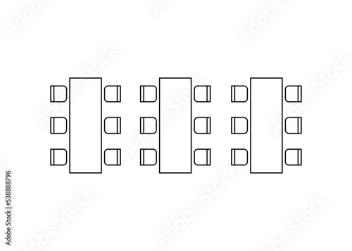 Row arranging seats and tables in interior, layout graphic outline elements. Chairs and tables icons in series scheme architectural plan. Furniture symbol top view. Vector line illustration