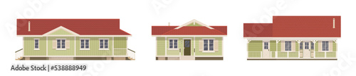 Light green exterior dream home cartoon set. Small budget beautiful, functional, comfortable building, successful investment for renting, buying, classical design. Vector flat style illustration