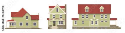 Light green facade house cartoon set. Expensive residence, luxurious new home, housing agency, real estate market, happy homeownership, smart financial investment. Vector flat style illustration
