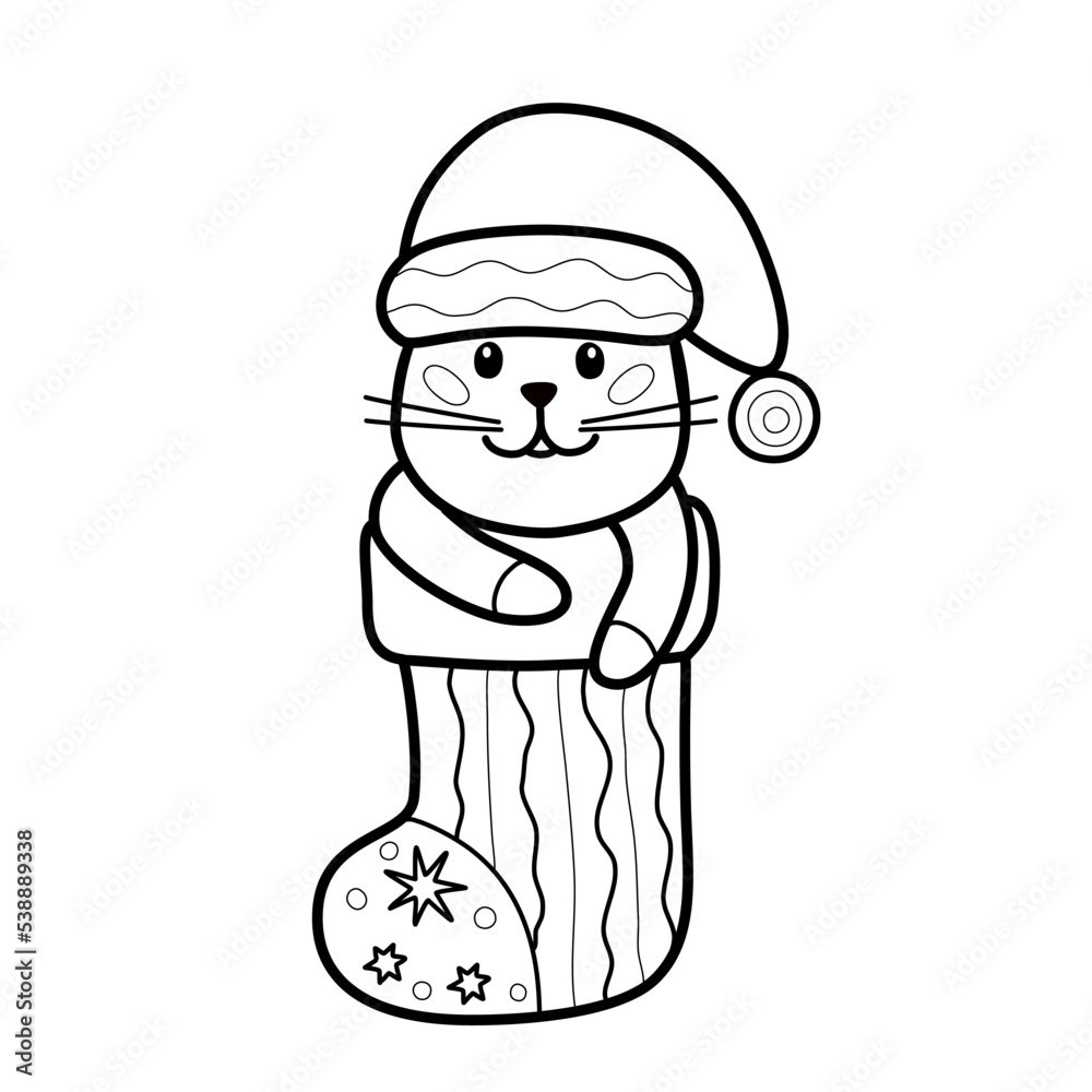 Obraz premium Cute cat sketch. Black outline of childish animal in Christmas boot for coloring pages.
