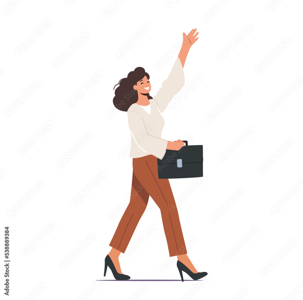 Happy Excited Female Character Waving Hand. Young Positive Woman In Formal Wear With Briefcase Greeting Gesture Happy Excited Female Character Waving Hand. Young Positive Woman In Formal Wear With Briefcase Greeting Gesture