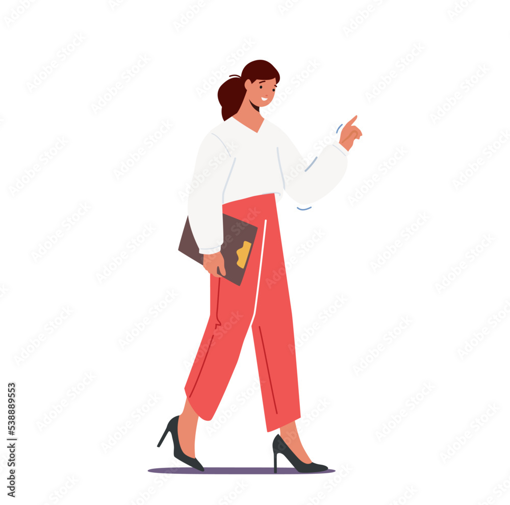 Female Character Wear Elegant Office Clothes Walk With Pointing Finger And Clipboard Isolated On White Background