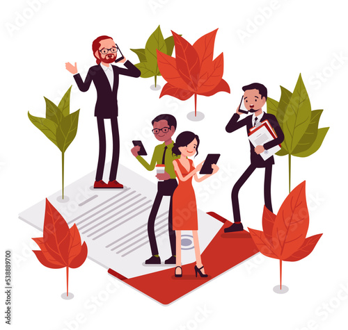 Busy people talking by phone, paper document working. Direct, communicate, solve problems, make decisions, resolve conflict, lead succeed together. Vector creative vibrant botanical illustration