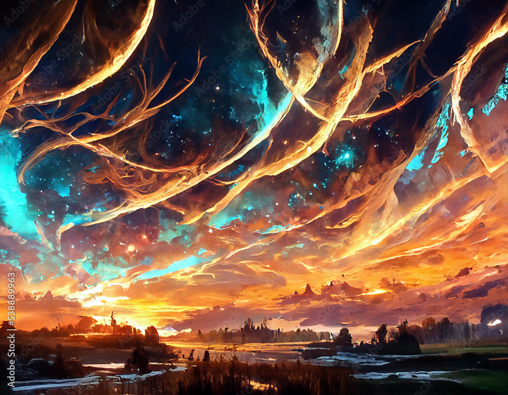 Obraz premium Dreamy dawn sky background. Shining clouds at sunset digital illustration