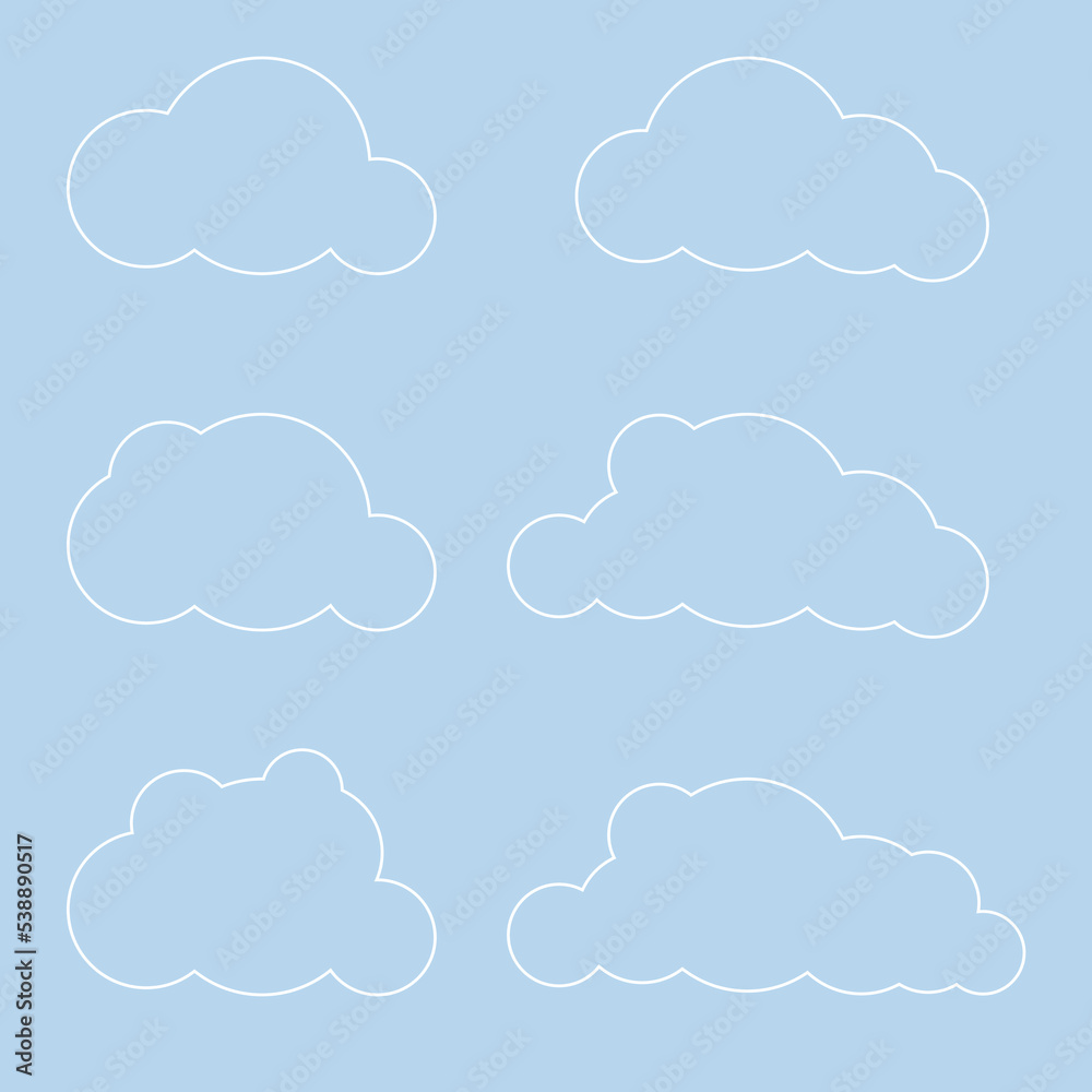 White 3d clouds set isolated on a blue background. Render soft round cartoon fluffy clouds icon in the blue sky. 3d geometric shapes vector illustration. Vector illustration